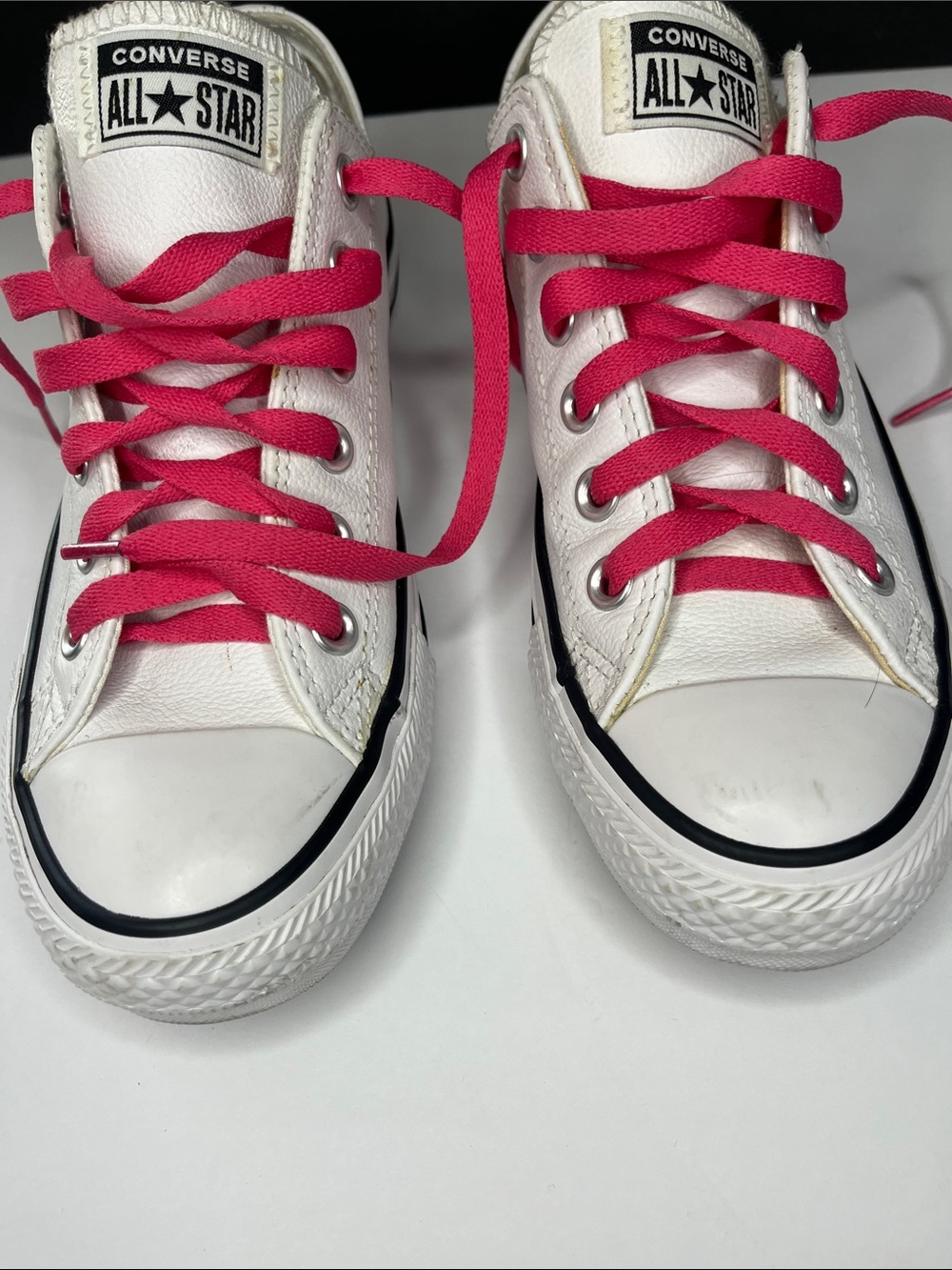 Leather Converse, White Low-Top with Bright Pink Laces - Picture 4 of 10